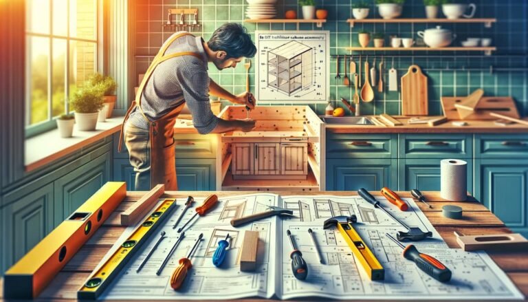 Personne assemblant un meuble de cuisine en bois avec des outils et des instructions de bricolage autour, illustrant une expertise dans le montage de meubles.